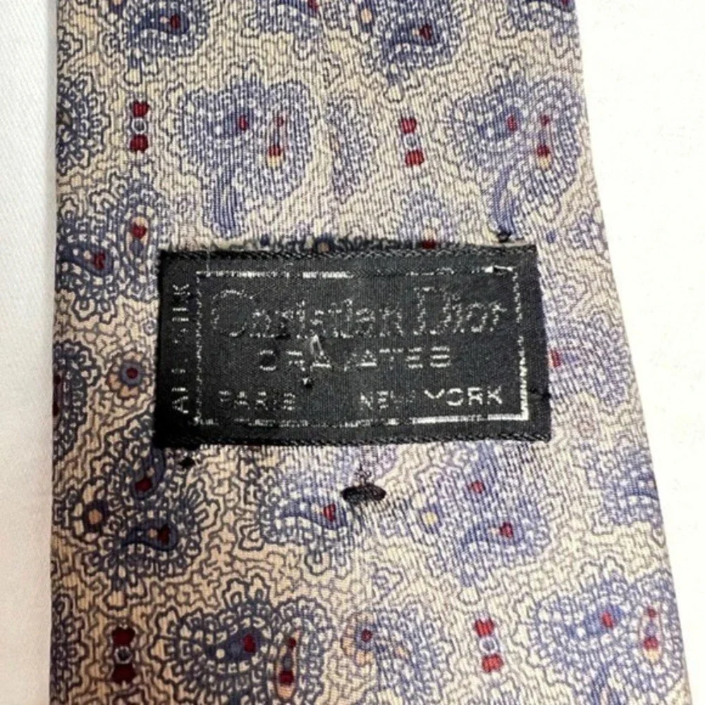 Christian Dior Monsieur Silk Paisley Tie Blue Gray Burgundy Vintage France